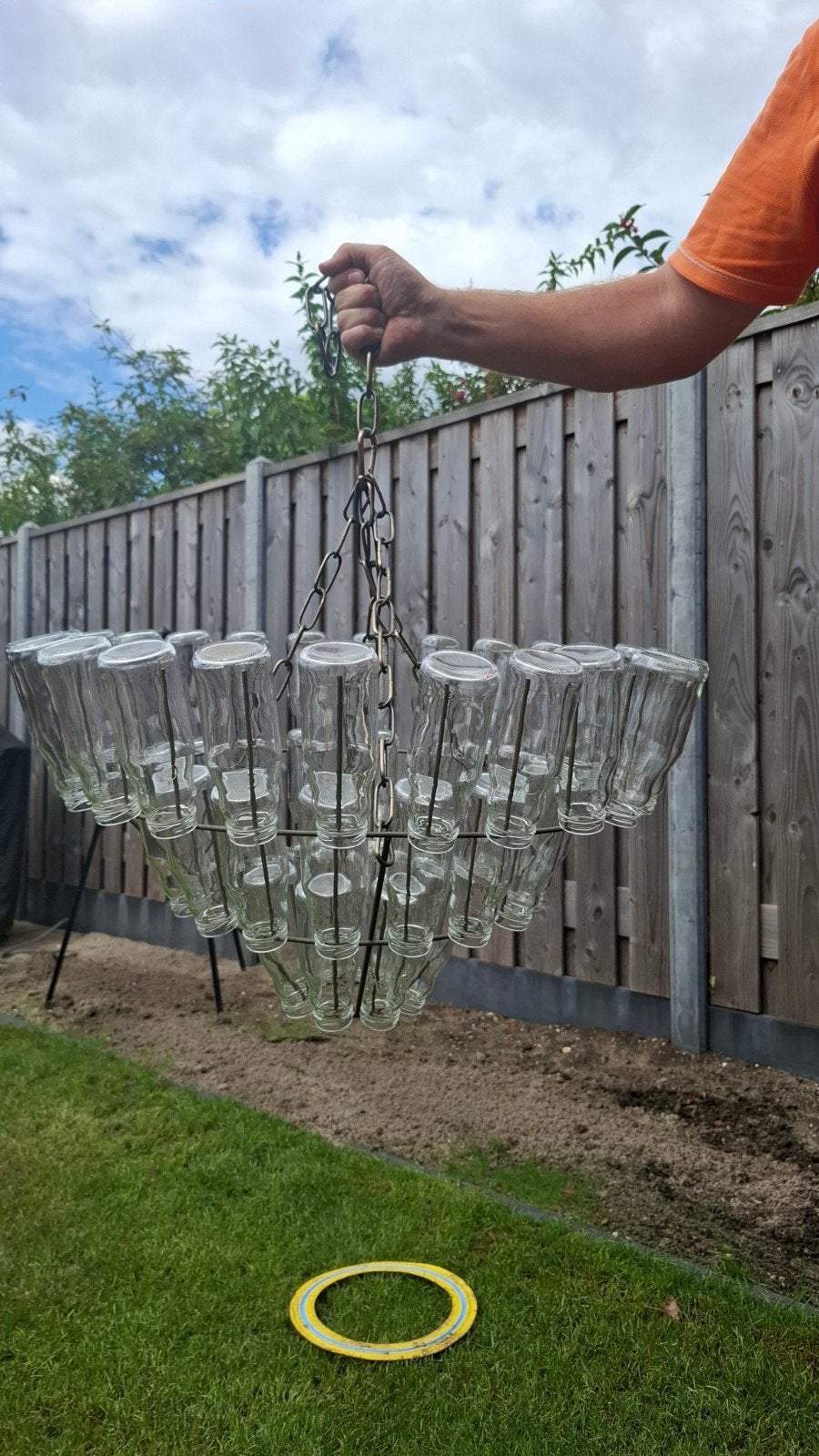 Unieke hanglamp van melkflesjes, hoogte verstelbaar, Huis en Inrichting, Lampen | Kroonluchters, Ophalen, Gebruikt, Glas, Industrieel, Upcycled, Uniek