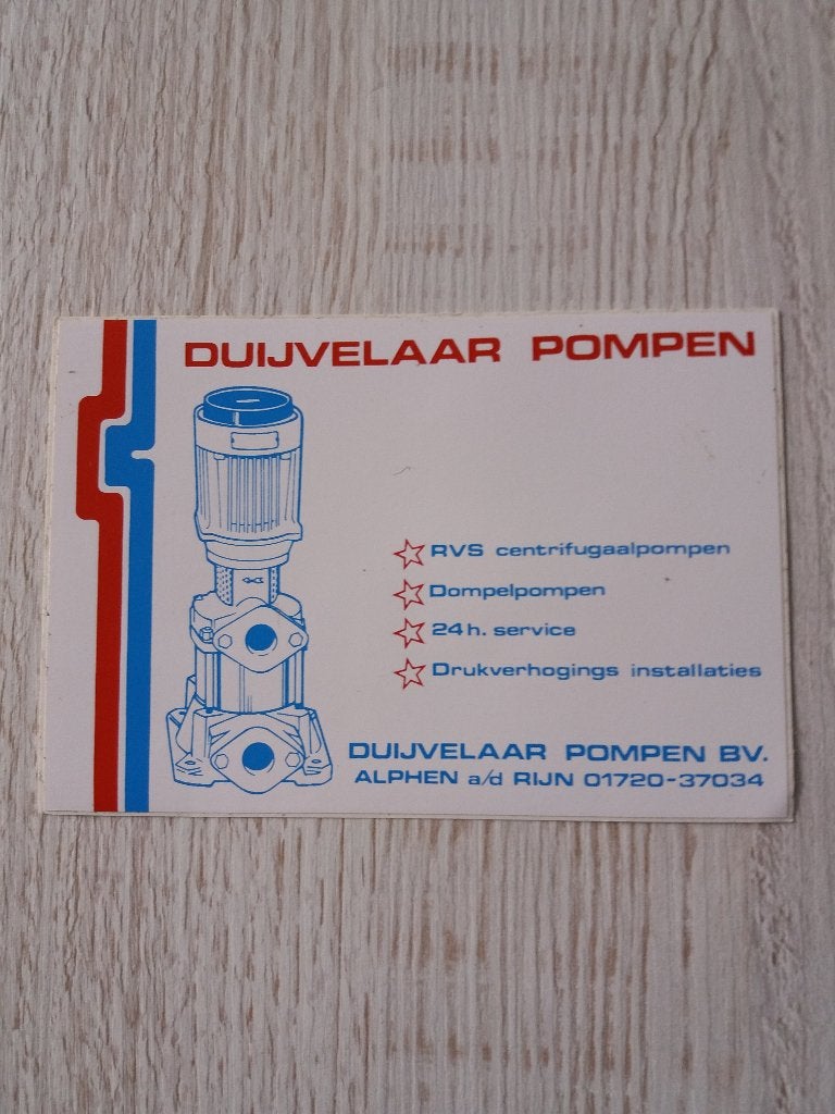 sticker DUIJVELAAR POMPEN BV. te Alpen a/d Rijn, Ophalen of Verzenden, Zo goed als nieuw, Bedrijf of Vereniging