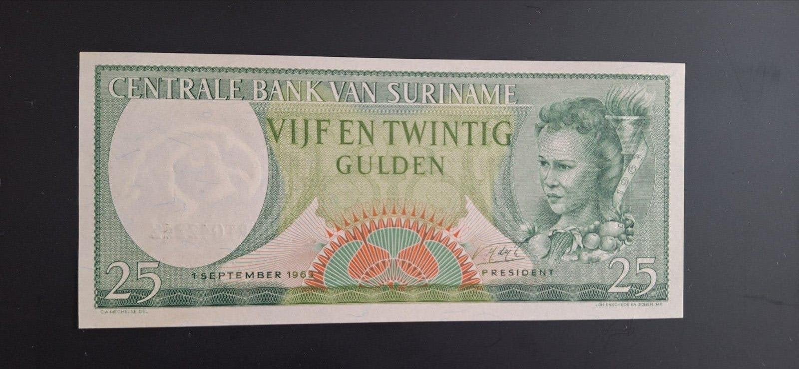 Suriname 25 gulden 1963 UNC  TOP, Ophalen of Verzenden, 25 gulden