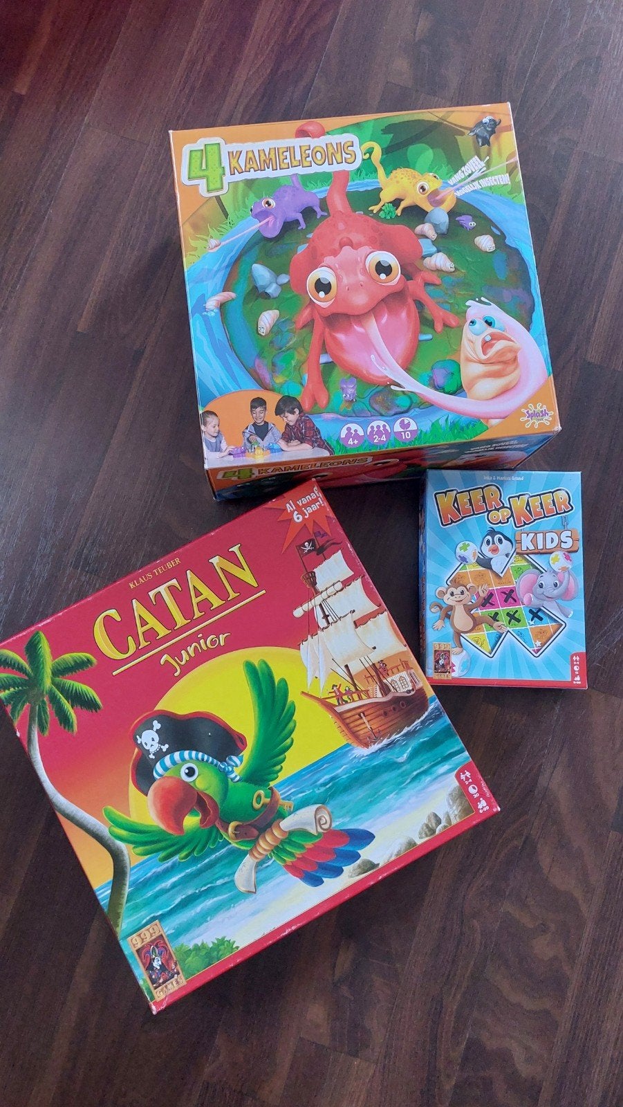 Bordspellen; Catan Junior, Keer op Keer Kids, 4 Kameleons, Een of twee spelers, Ophalen of Verzenden, Gebruikt, Diverse