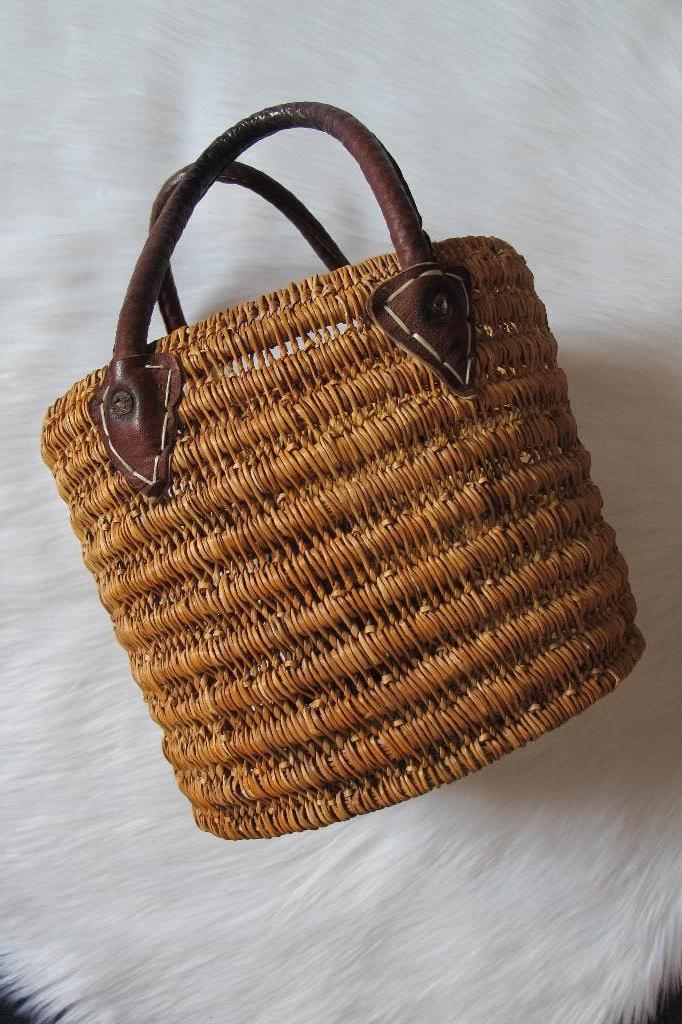 Basket with leather handle, Ophalen of Verzenden, Gebruikt, Bruin, Handtas