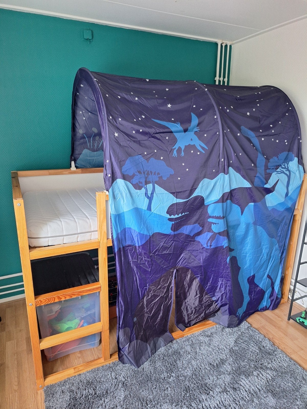 Kinderbed Ikea keerbed dino 90x200 incl. matras en dino tent, 85 tot 100 cm, Zo goed als nieuw, 180 cm of meer, Ophalen