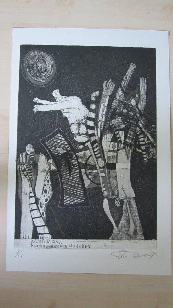 Jan Willem Post   ets  "Zwevende ZonneKinderen", Antiek en Kunst, Ophalen of Verzenden, 55 cm, 36 cm, Genummerd