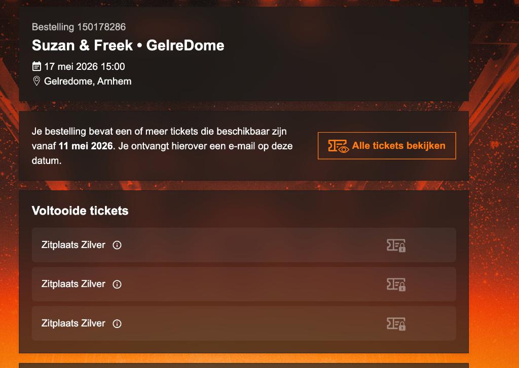 Suzan en freek gelredome, Tickets en Kaartjes, Eén persoon, Mei, Overige typen