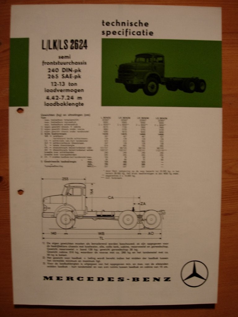 Mercedes 2624 L LK LS Torpedo 1970 Specificatie Brochure, Zo goed als nieuw, Mercedes-Benz, Mercedes, Ophalen of Verzenden