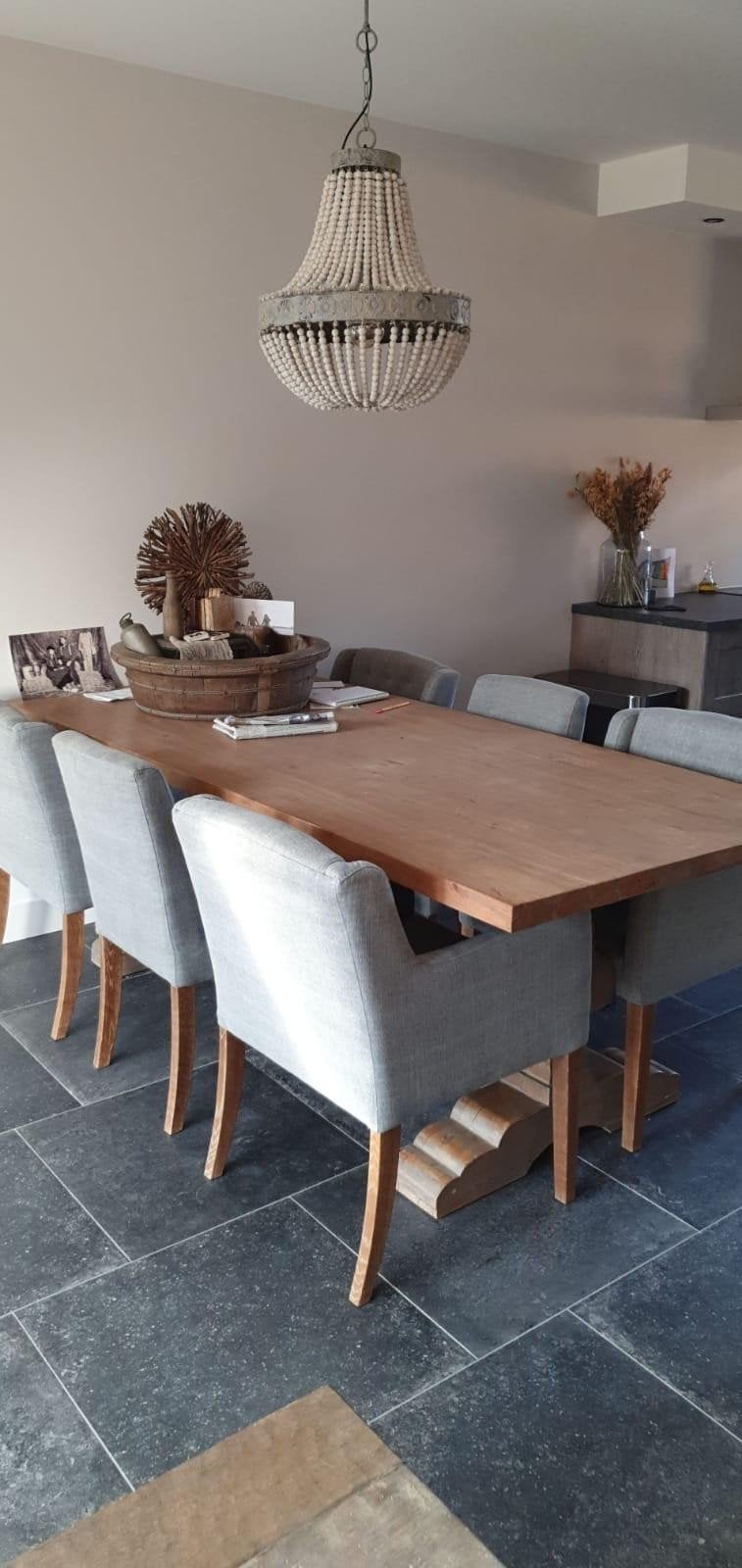 Grote robuuste kloostertafel met 6 stoelen, Ophalen of Verzenden, Gebruikt, 6 tot 8 stoelen