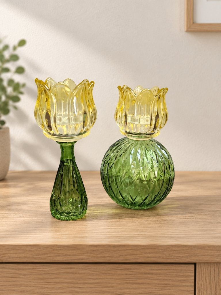 Set van 2 glazen tulpenvaasjes – groen en geel, Geel, Ophalen of Verzenden, Geschikt voor buiten, Glas