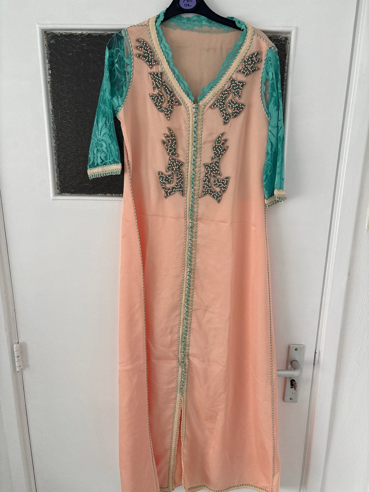 Elegante Kaftan met Kralen en Kant - Perzik & Turquoise, Meerkleurig, Ophalen of Verzenden, Zo goed als nieuw, Maat 34 (XS) of kleiner