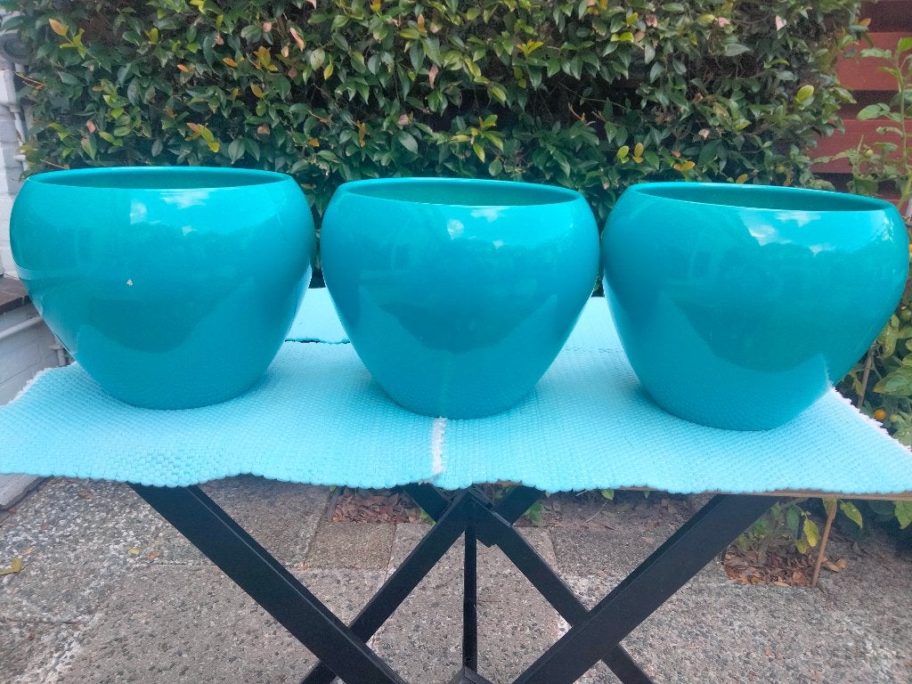 4 turquoise/groene binnen-bloempotten, Ophalen, Gebruikt, Rond, Binnen