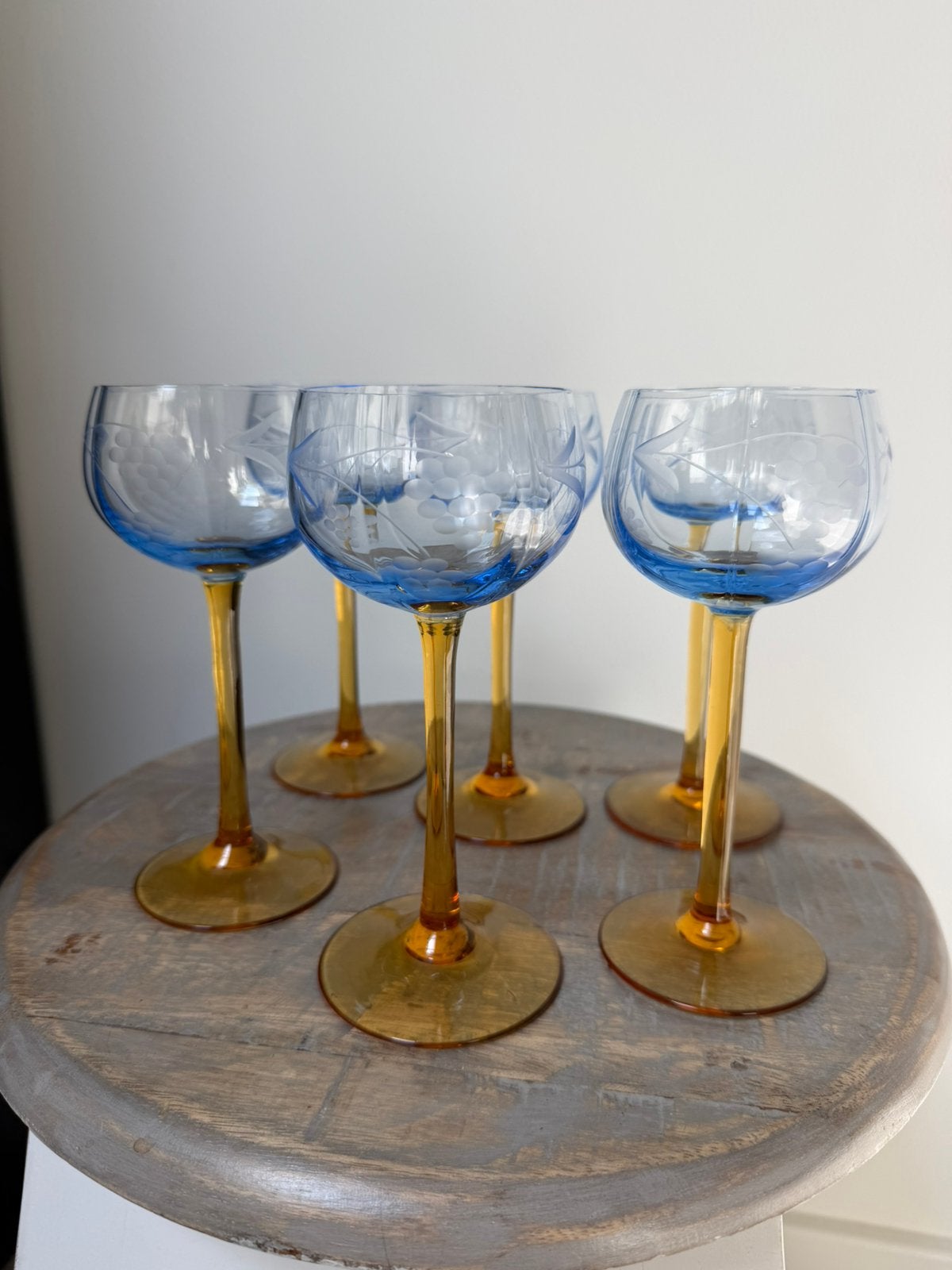 Vintage Franse wijnglazen blauw / oker, Ophalen of Verzenden