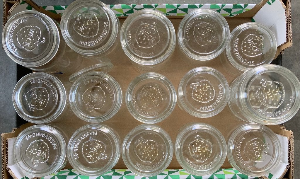 Weckpotten: 16x WECK + 47x Gerrix met ringen en klemmen., Ophalen, Overige merken, Glas, Overige typen