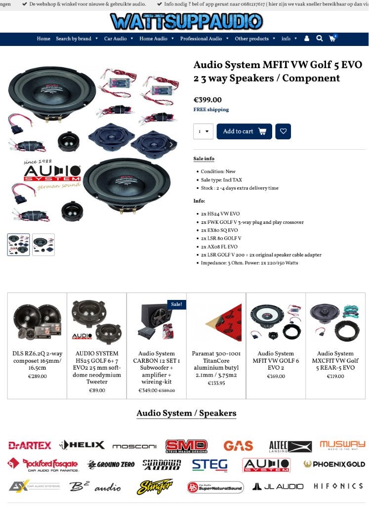 Audio System MFIT VW Golf 5 EVO 2 3 way Speakers/ Component, Auto diversen, Info@optimount.nl, Nieuw, Ophalen of Verzenden, Anholtseweg 48A 7091 HB DINXPERLO