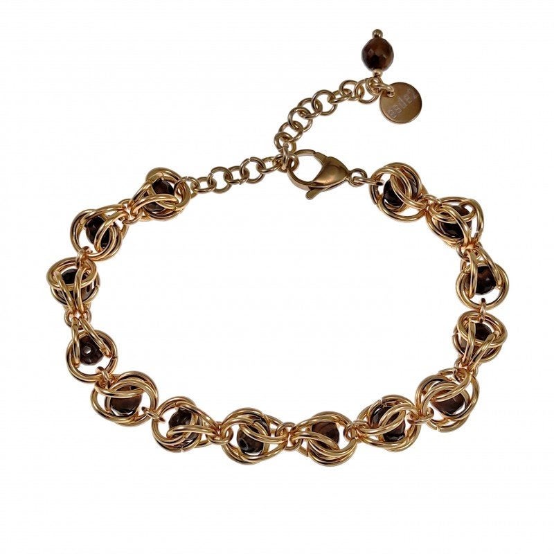Armband Dames Natuurlijke Bruin Tijgeroogsteen Verguld, Sieraden, Tassen en Uiterlijk, Armbanden, Met bedels of kralen, Staal