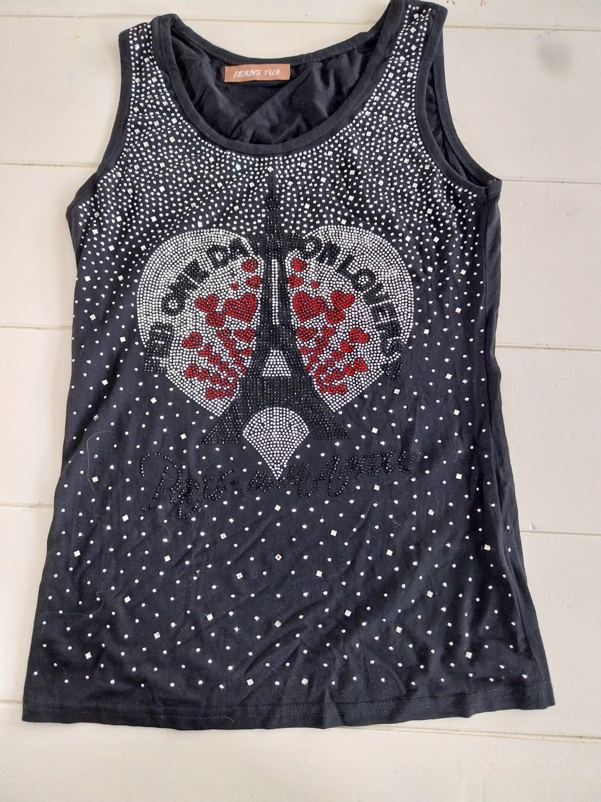 Zwart mouwloos topje met Eiffeltoren en strass, Kleding | Dames, Maat 38/40 (M), Jeans Yur, Zwart, Ophalen of Verzenden