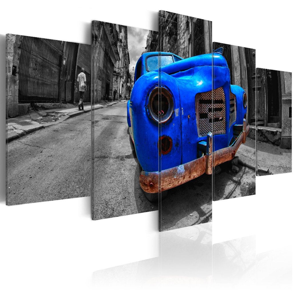 594 Blauw Oldtimer Auto 5 Luik Canvas Schilderij 200x100cm, Ophalen of Verzenden