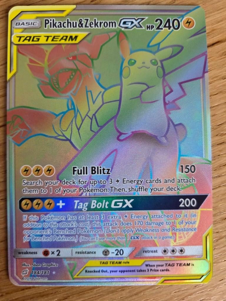 pokemon team up pikachu & zekrom GX full art 184/181, Ophalen of Verzenden, Gebruikt, Losse kaart, Foil