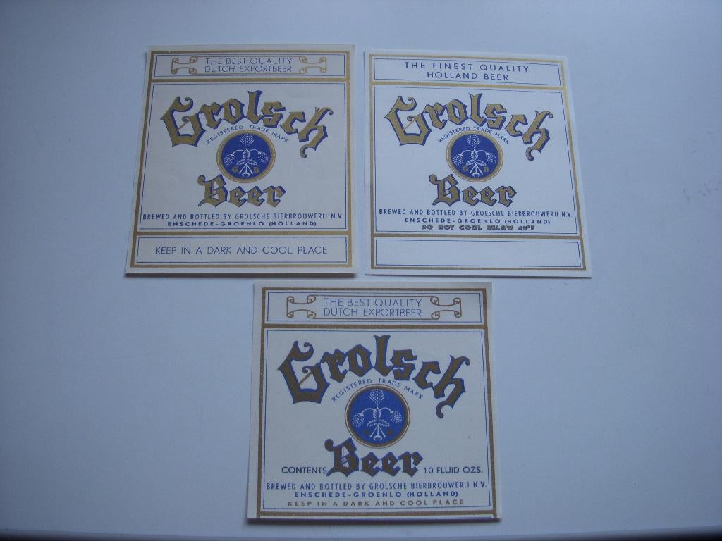 3 OUDE Grolsch beer export etiketten, Ophalen of Verzenden, Gebruikt, Overige typen, Grolsch