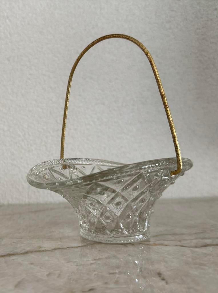 Vintage glazen avon mandje glas 14,5 cm goud handvat, Huis en Inrichting, Woonaccessoires | Schalen en Manden, Zo goed als nieuw