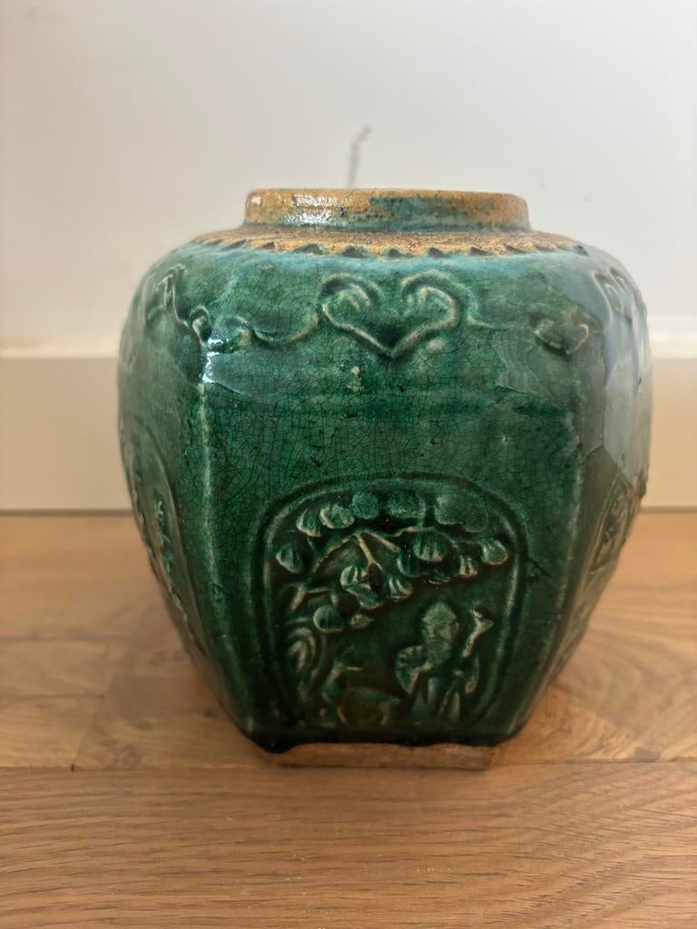 Grote geglazuurde groene gemberpot met stempel, Ophalen of Verzenden