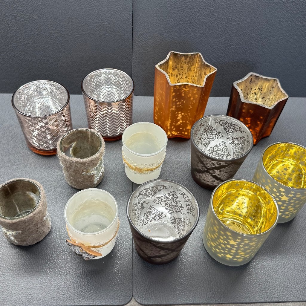 Set 12 diverse glazen theelichthouders / waxinelichthouders, Ophalen, Meerkleurig, Kandelaar, Glas