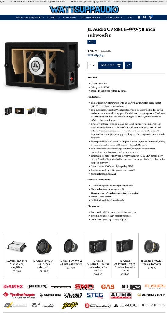JL Audio CP108LG-W3V3 8 inch subwoofer, Auto diversen, Hifi-Focus, Aalsmeerderweg 173 1432 CL, Aalsmeer, Nieuw, Ophalen of Verzenden