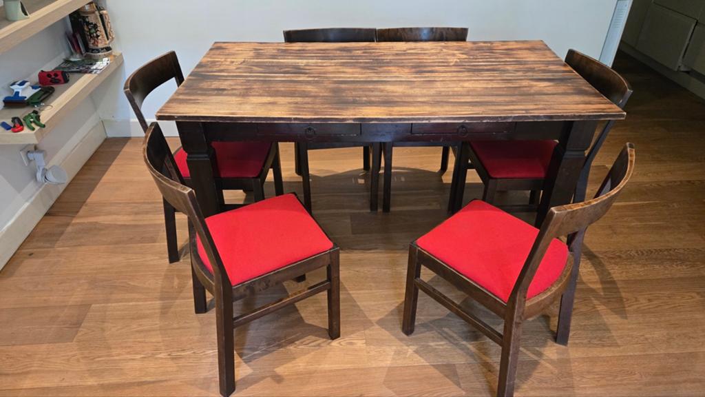 Robuuste houten eettafel met 6 stoelen, Huis en Inrichting, Tafels | Eettafels, Ophalen, Gebruikt, Rustiek, 50 tot 100 cm