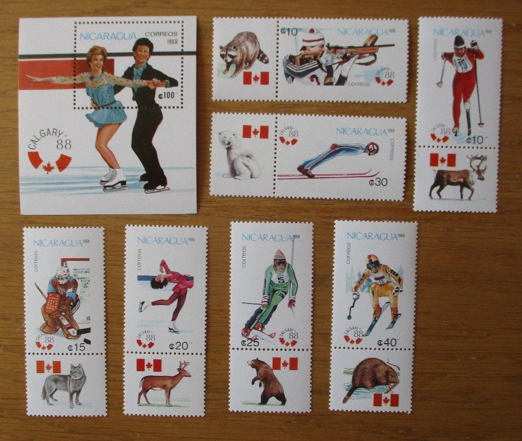 Nicaragua, serie en blokje Olympische Winterspelen 1988, Verzenden, Sport