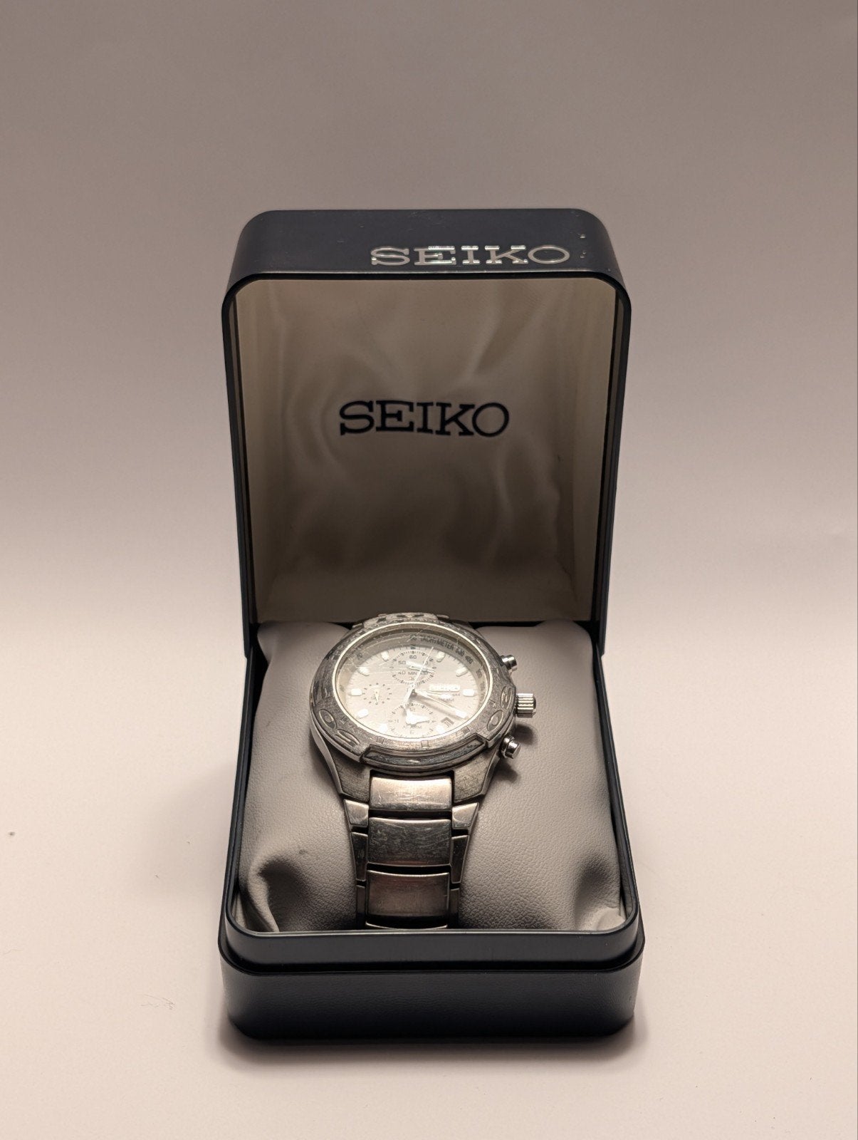 Seiko 7T62 Chronograph Alarm Horloge in Doos, Sieraden, Tassen en Uiterlijk, Horloges | Heren, Gebruikt, Staal, Polshorloge, Ophalen of Verzenden