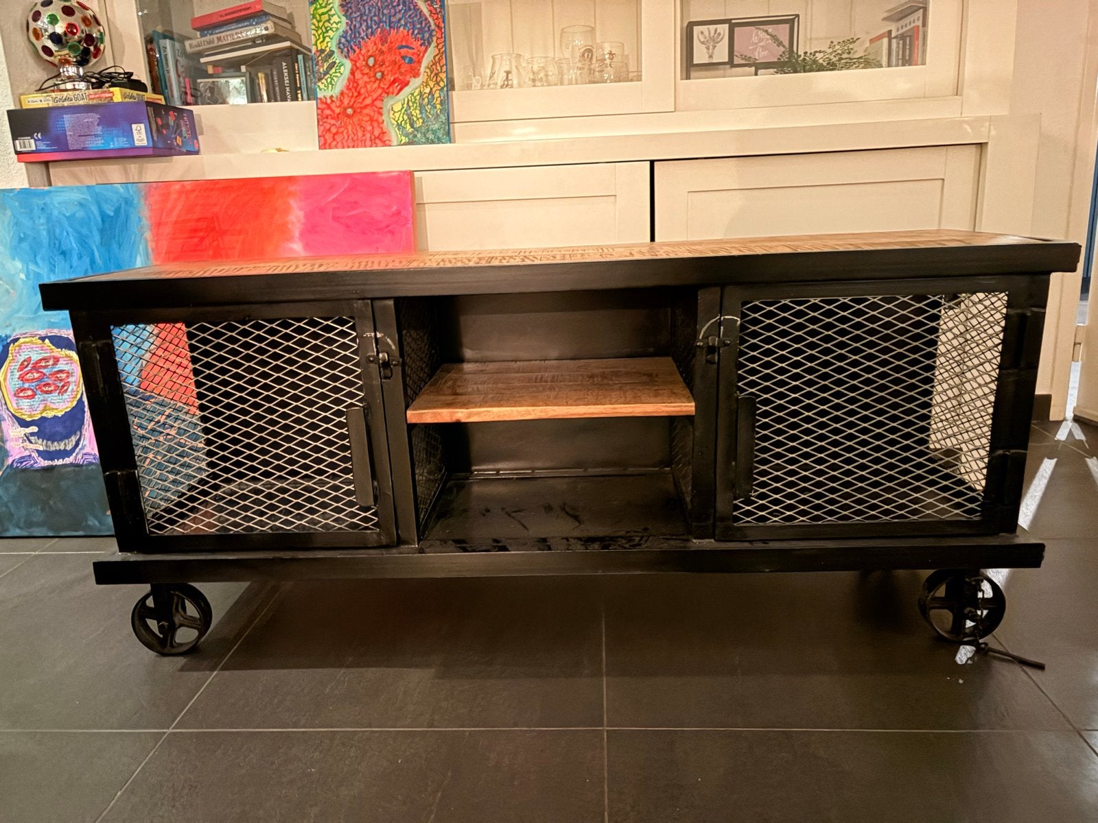 Industriële TV-meubel/dressoir op wielen - 140x40x60 cm, Ophalen, Gebruikt, 100 tot 150 cm, Minder dan 100 cm