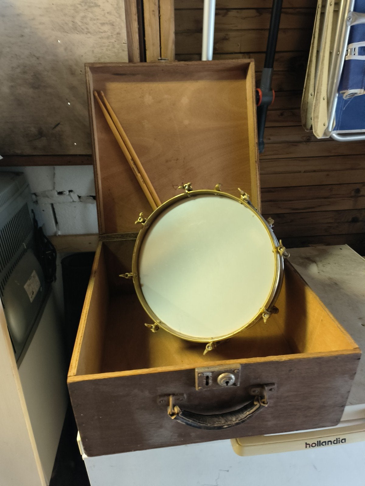 Vintage Messing Snaredrum met Koffer en Stokken, Ophalen, Gebruikt, Overige merken