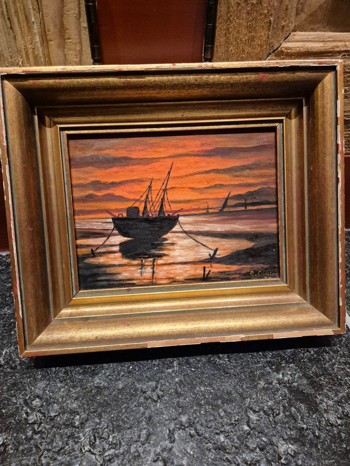 vintage schilderij van G. Copini - Maritiem tafereel, Realistisch, Ophalen of Verzenden, Maritiem / water, Paneel