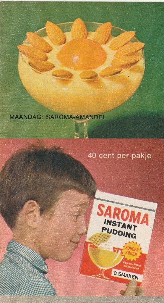 Retro reclame 1968 Saroma zuivel pudding jongetje pakje, Verzenden, Overige typen