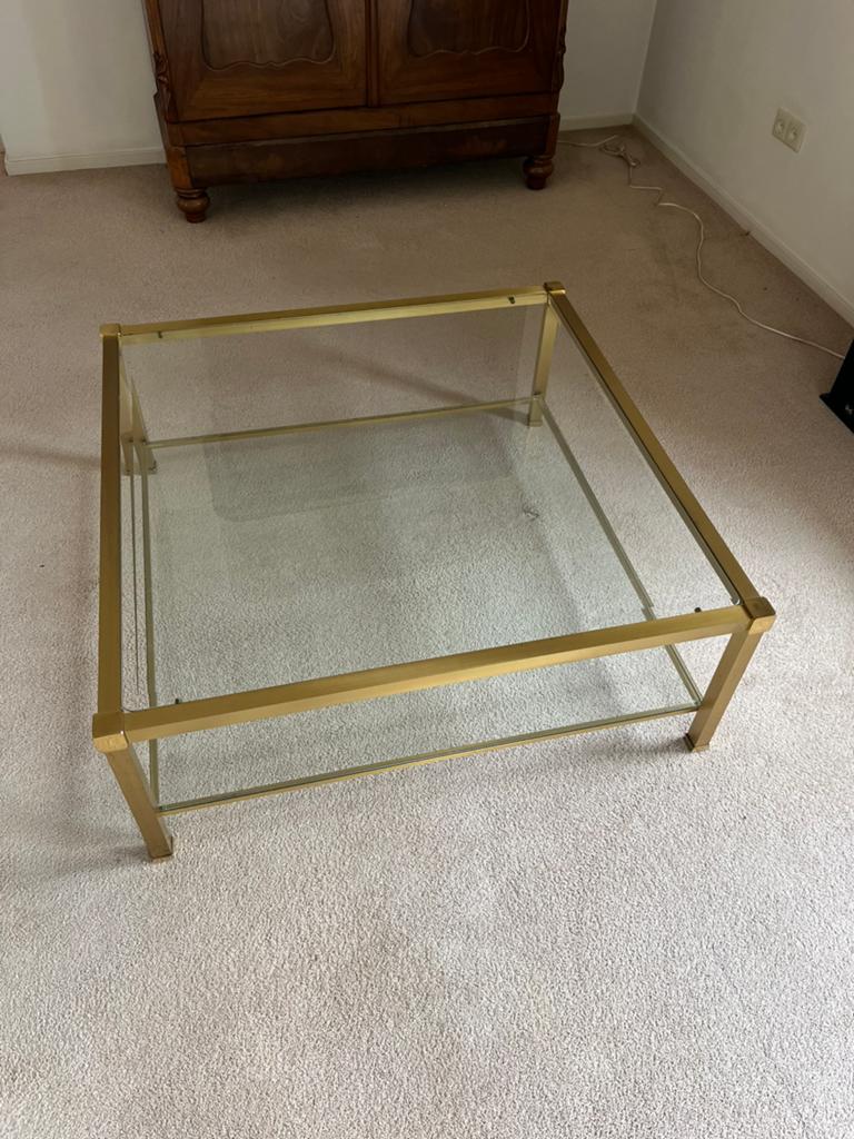 Glazen salontafel met goudkleurig messing frame, Ophalen, Gebruikt, 100 tot 150 cm, 50 tot 100 cm