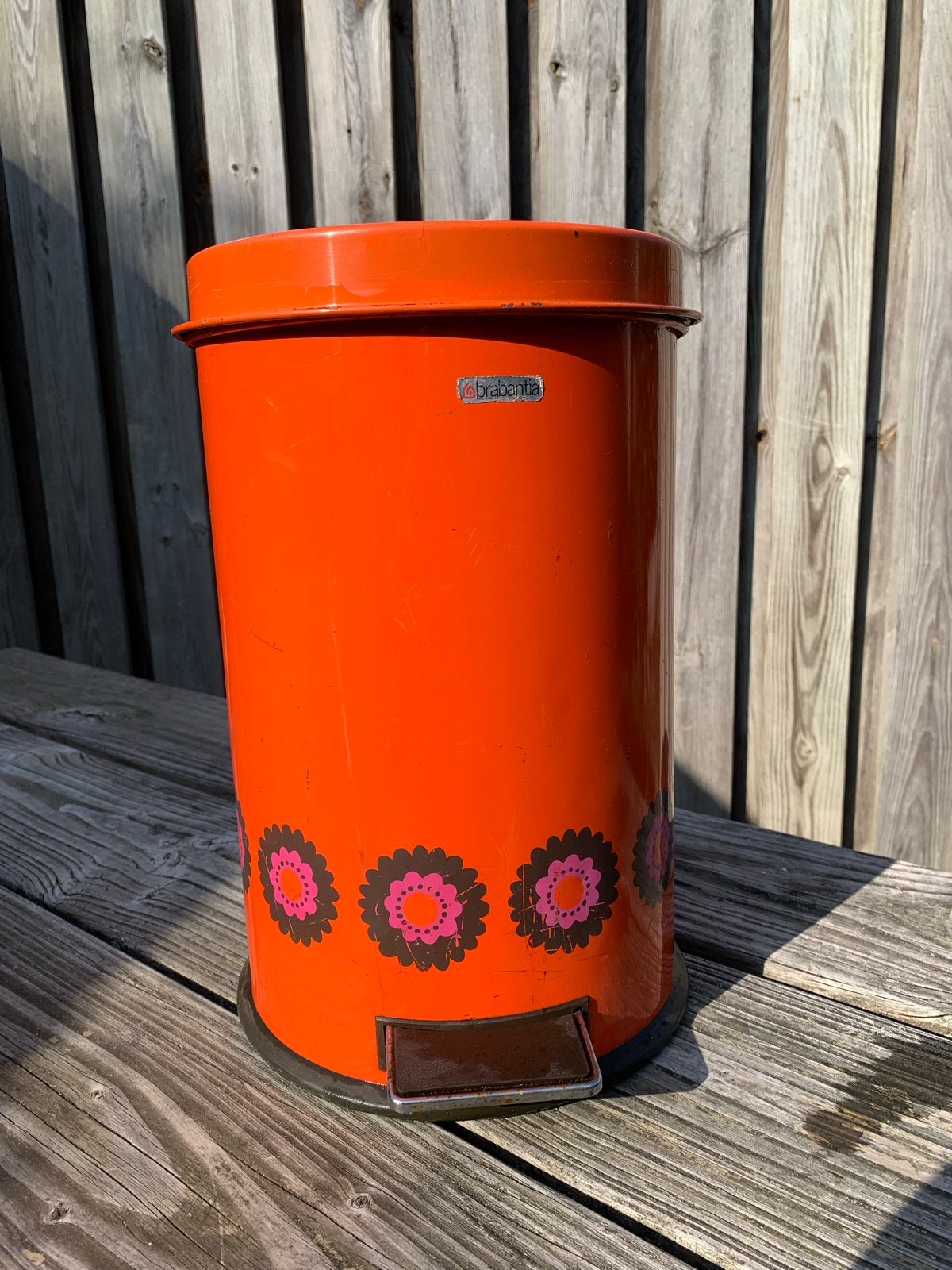 Vintage Brabantia Pedaalemmer Oranje met Bloemenprint, Vintage, Gebruikt, Ophalen of Verzenden, Oranje