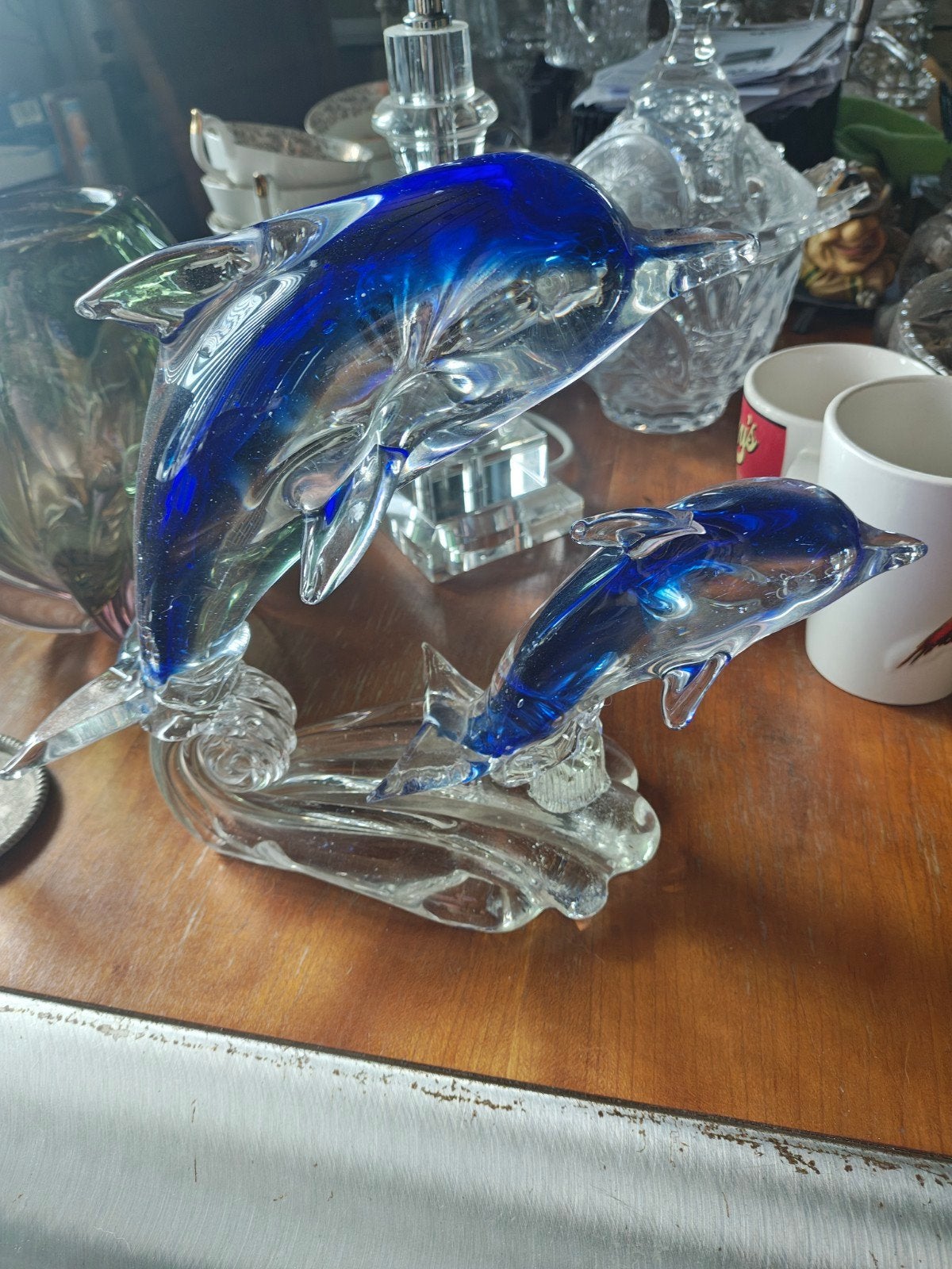 Murano Glazen dolfijnen beeldje - Blauw en transparant, Antiek en Kunst, Ophalen of Verzenden