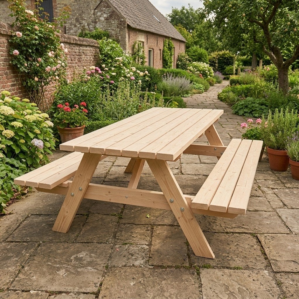 Steigerhouten picknicktafel incl. beits & nano-coating, Ophalen of Verzenden, Nieuw, Rechthoekig, Hout