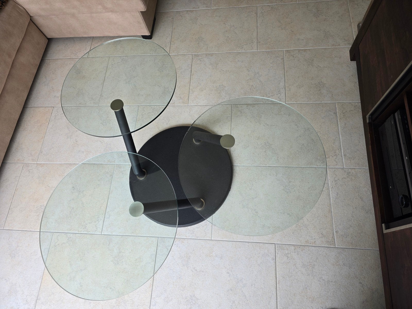 Salontafel met 3 draaibare glazen bladen, Ophalen, Gebruikt, Rond, 50 tot 100 cm