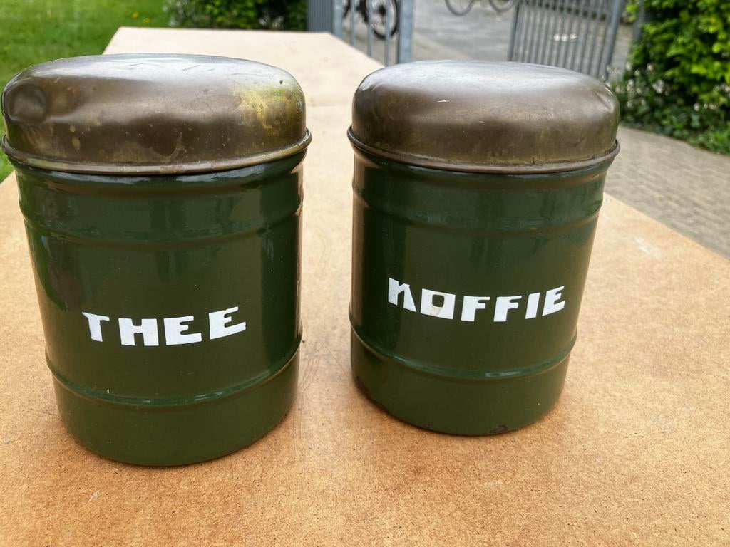 Antieke emaille Koffie en Thee bussen, Ophalen of Verzenden
