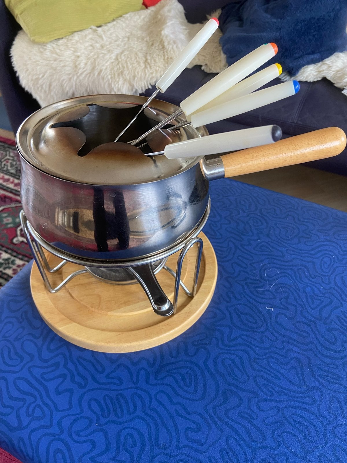 Vintage Fonduepan met 6 Vorkjes en Brander, Ophalen, Gebruikt, Brander, Fondueset