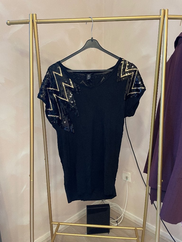 Zwart shirt met goud zwarte pailletten, H&M, Zwart, Ophalen of Verzenden, Korte mouw