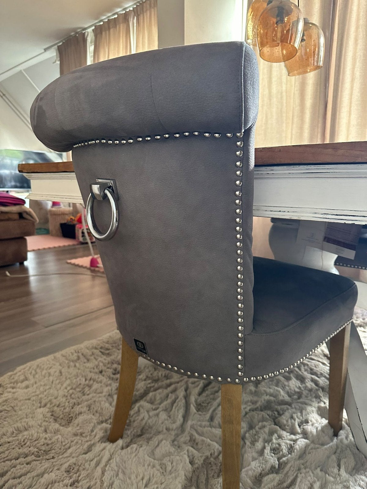 4 Grijze Dubbelman Eettafelstoelen, Huis en Inrichting, Ophalen, Hout, Gebruikt, Modern, Klassiek, Luxe