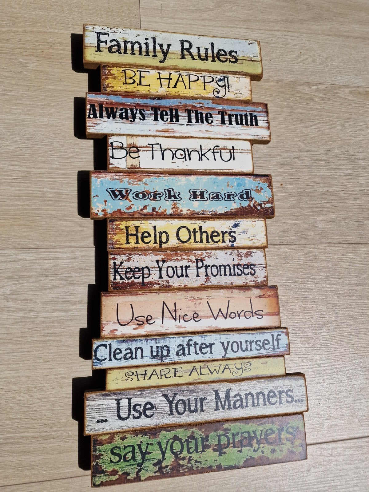 Houten wanddecoratie 'Family Rules' - Vintage stijl, Gebruikt, Hout, Decoratieobject, Ophalen of Verzenden