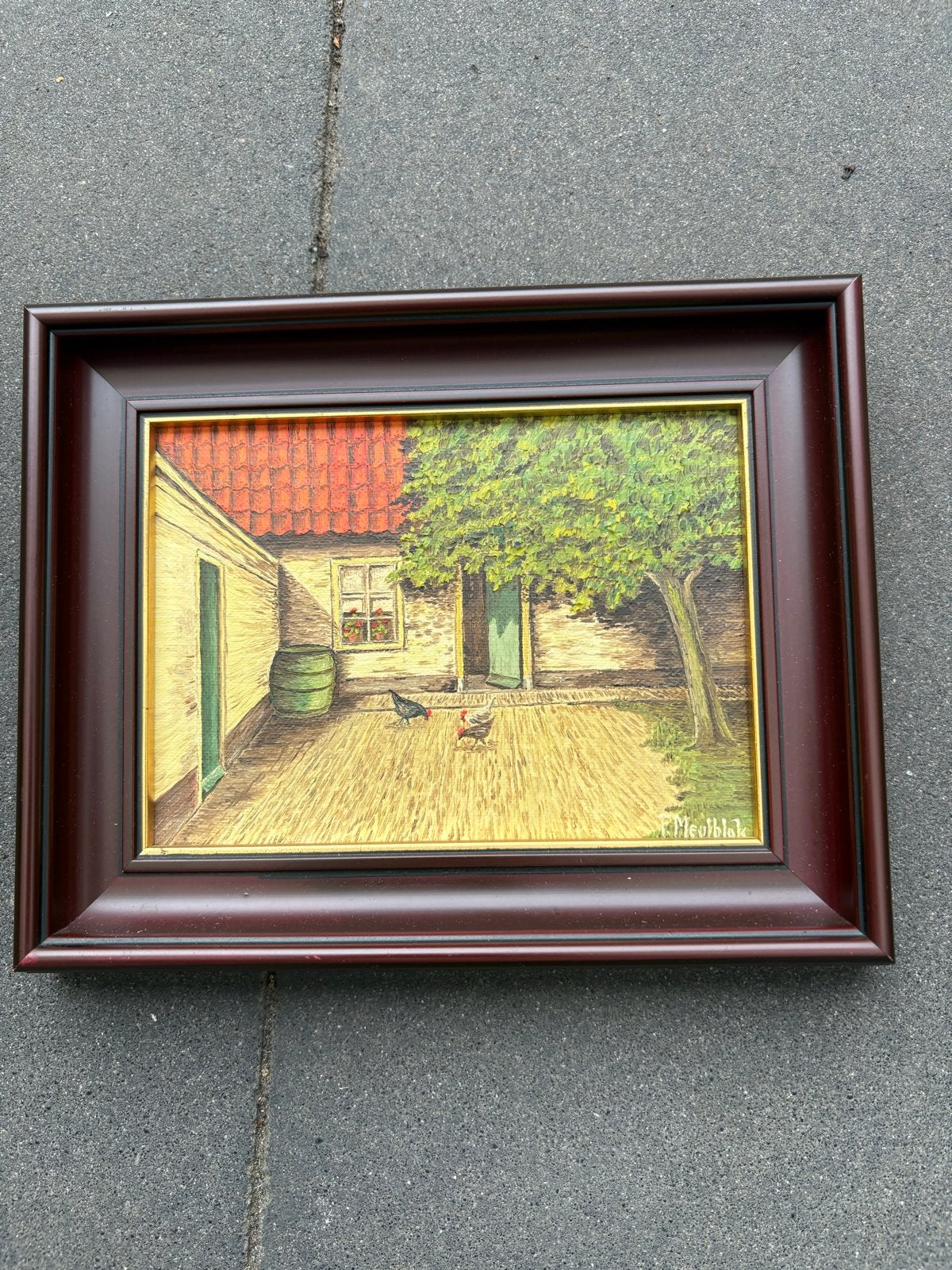 Schilderij: Boerenerf met kippen en boom, Doek, Realistisch, Ophalen of Verzenden, Gesigneerd