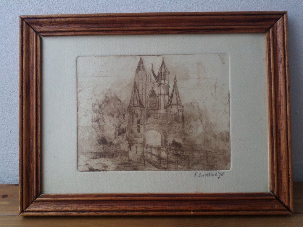 Mooie originele oude ingelijste ets door R. Cornelisse., Gesigneerd, Ophalen of Verzenden, Landschap, 1950 - 1999