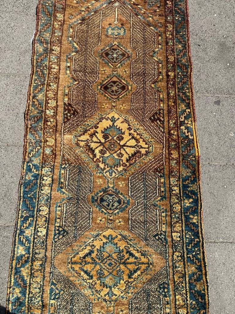 Antieke Koerdistan loper 345x90 cm  gouden en blauwe tinten, Gebruikt, Overige kleuren, Wol, 200 cm of meer