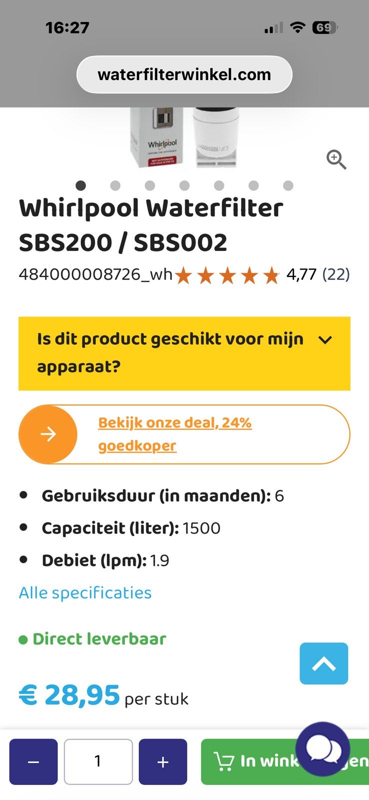Water filters whirlpool SBS002, Tickets en Kaartjes, Eén persoon, Cadeaubon