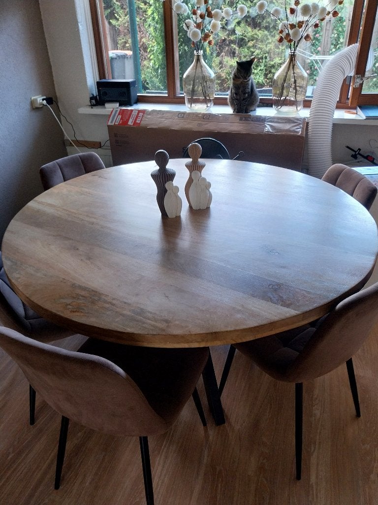Mooie ronde eettafel, mangohout, Ophalen, Rond, Zo goed als nieuw, 100 tot 150 cm