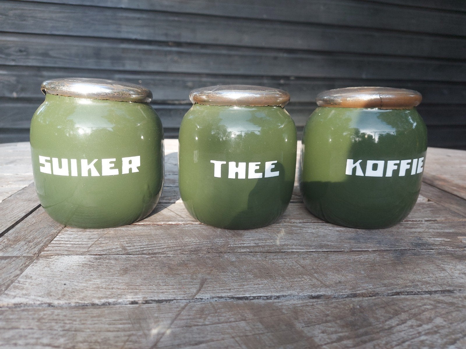 Bijzondere set van 3 vintage voorraadbussen -, Antiek en Kunst, Ophalen of Verzenden