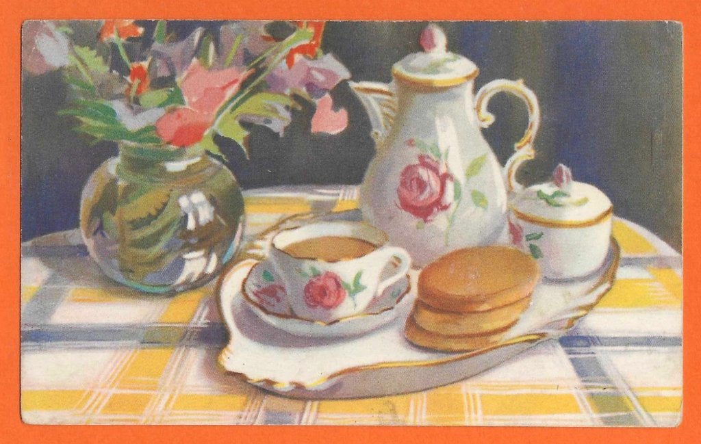 reclame Kwatta chocolade servies met beschuit 2 kaarten, Ophalen of Verzenden, 1920 tot 1940, Ongelopen, Overige thema's