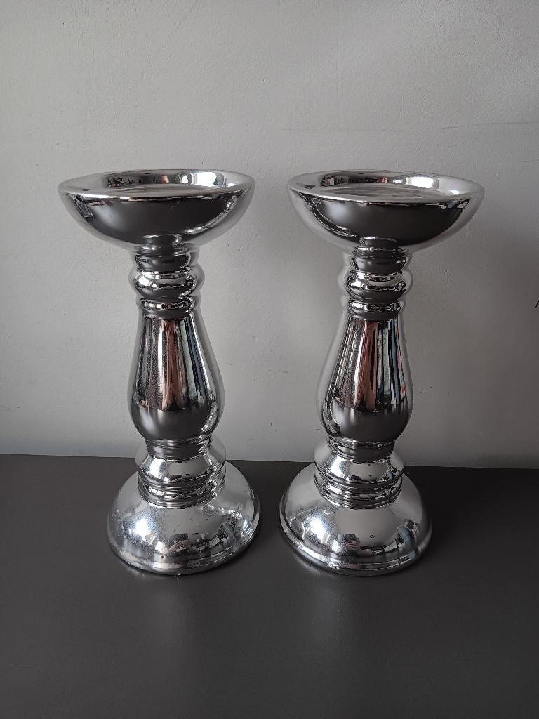 Mooie set van twee zilverkleurige kaarsenhouders, Gebruikt, Overige kleuren, Ophalen of Verzenden, Metaal